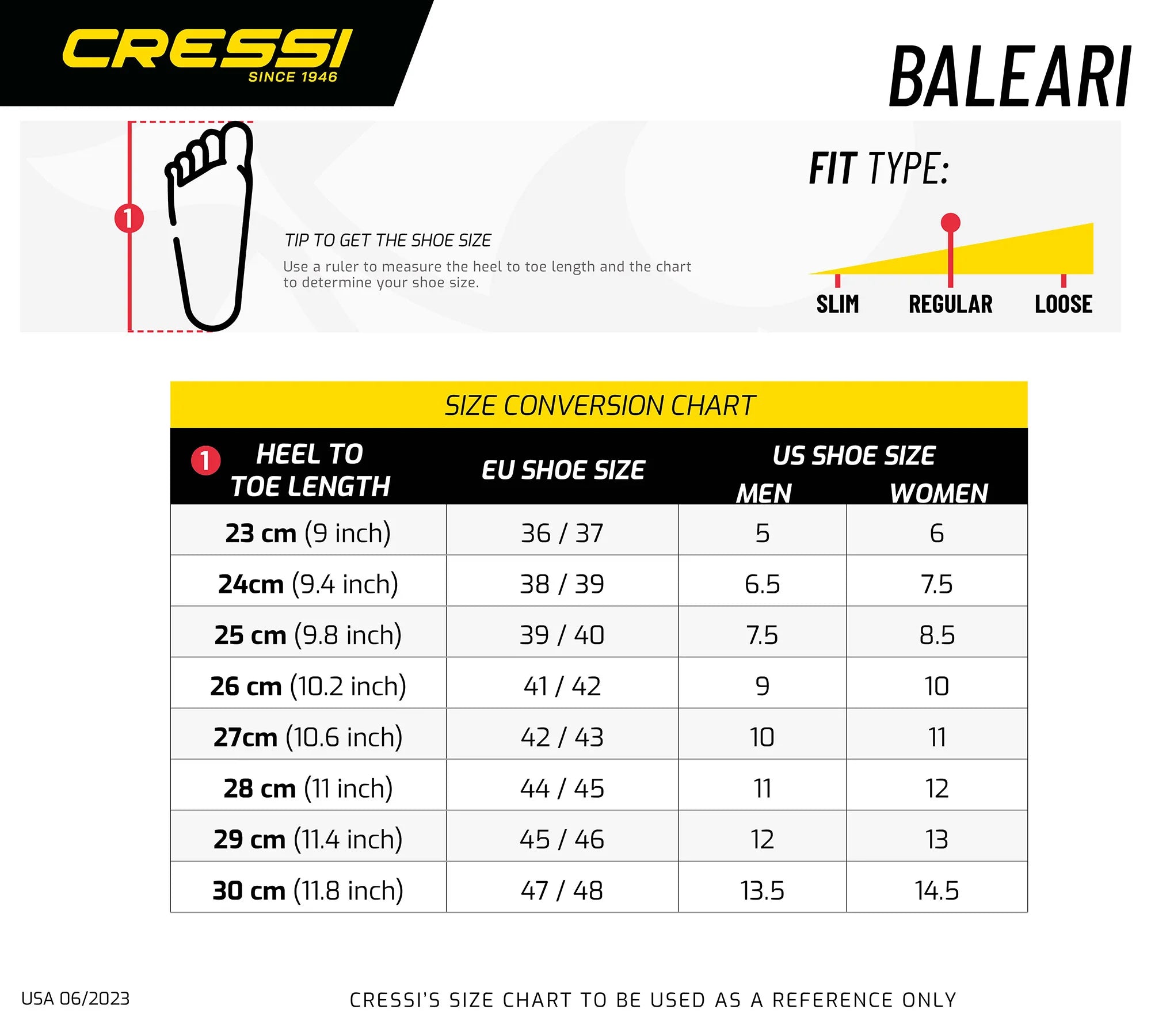 Cressi Baleari MD PHS 3mm Hard Sole Boots Size Chart