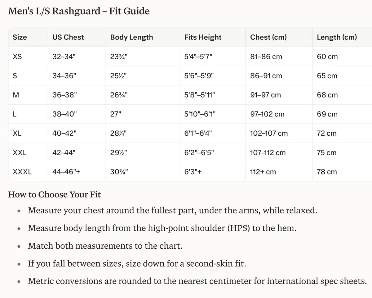 Riffe Long Sleeve Rash Guard Size Chart