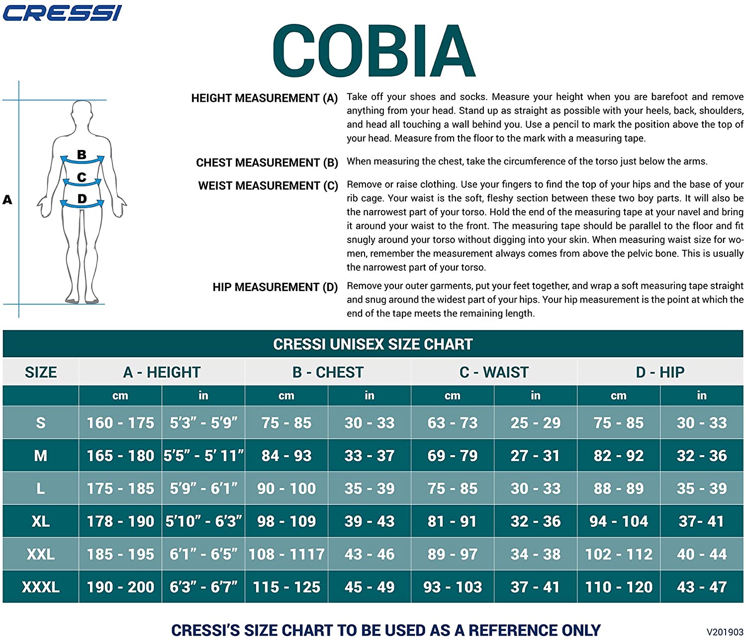 Cressi Cobia Rash Guard - Size Chart