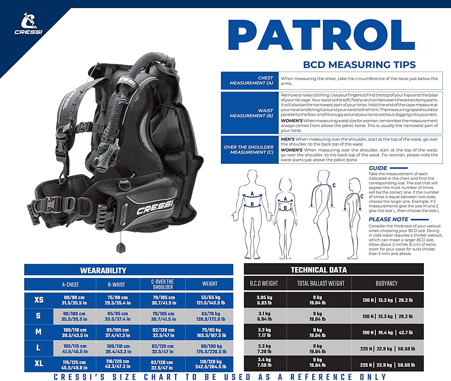 Cressi Patrol BCD - Size Chart