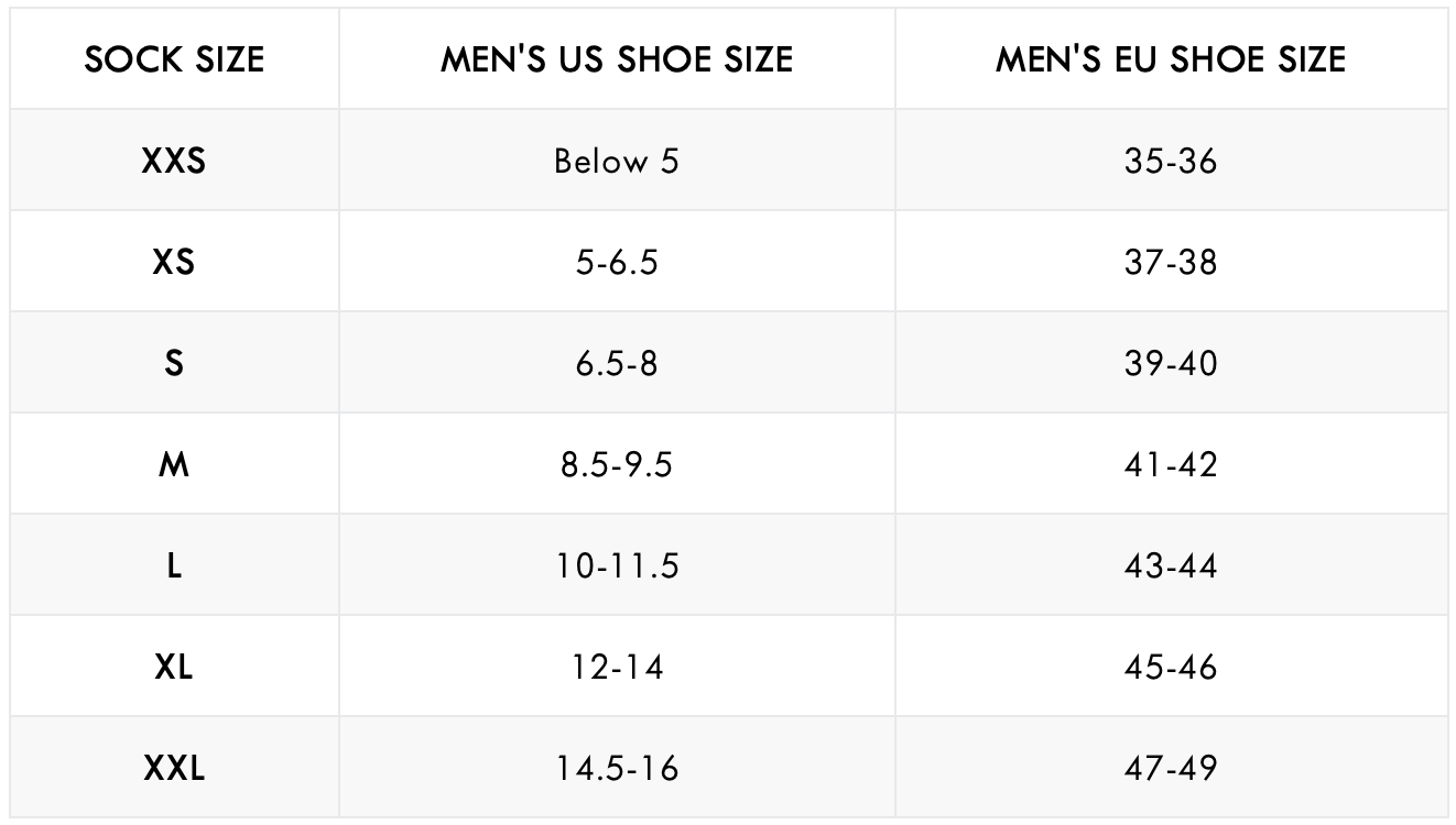 Waihana Essentials High Top Fin Socks Size Chart