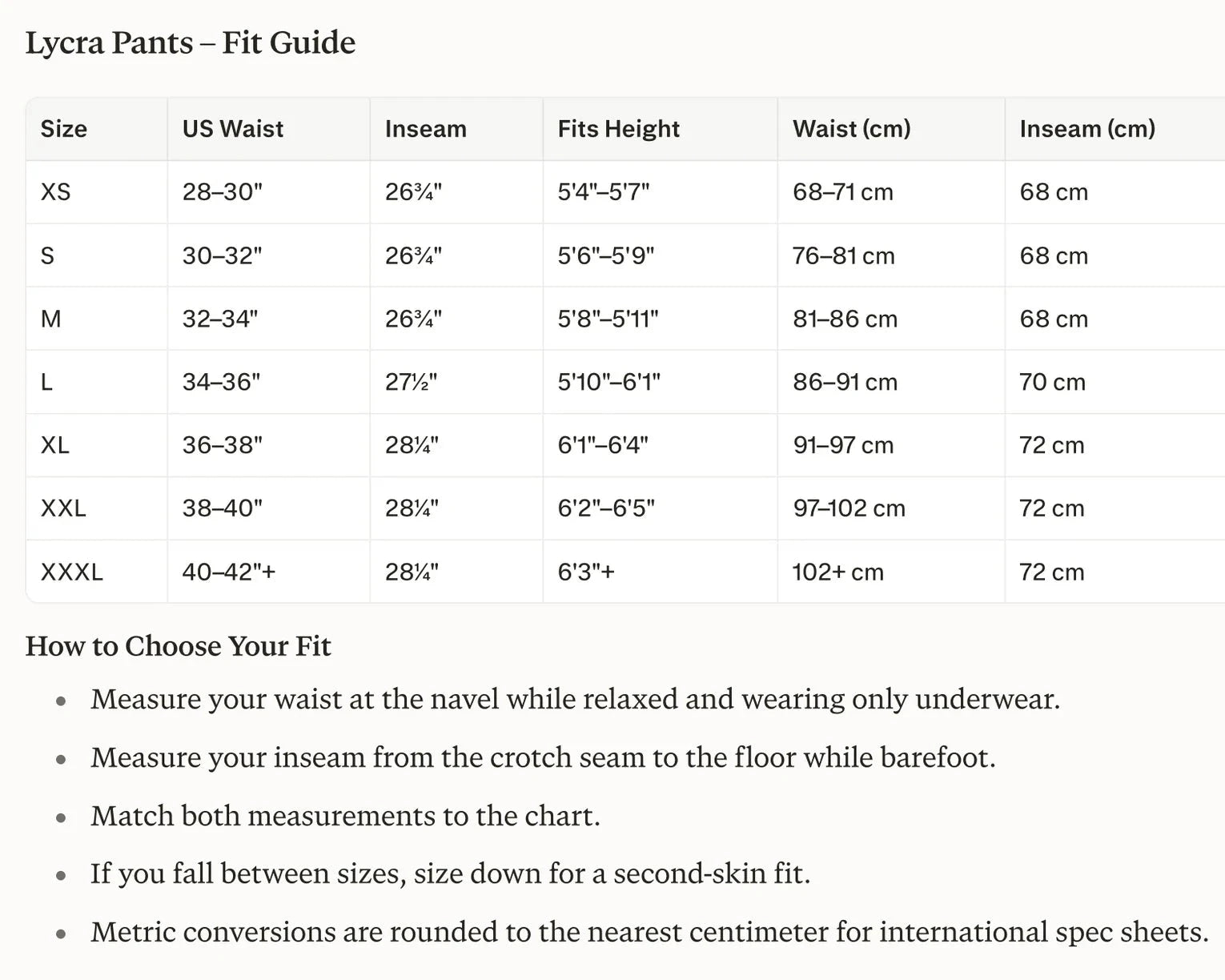 Riffe Lycra Pants Size Chart