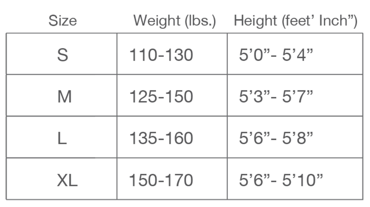 Riffe Women's Aurum-Tek Wetsuit Size Chart